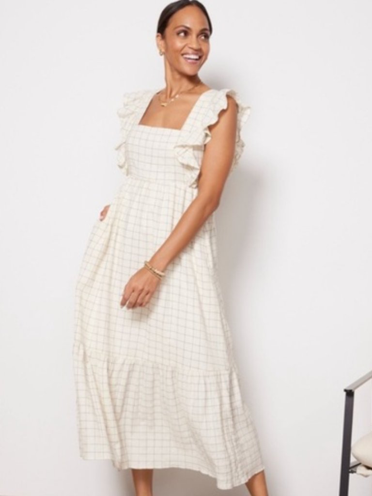 Evereve Window Pane Maxi Checkered Cream And Navy Sleeveless Dress Size Small